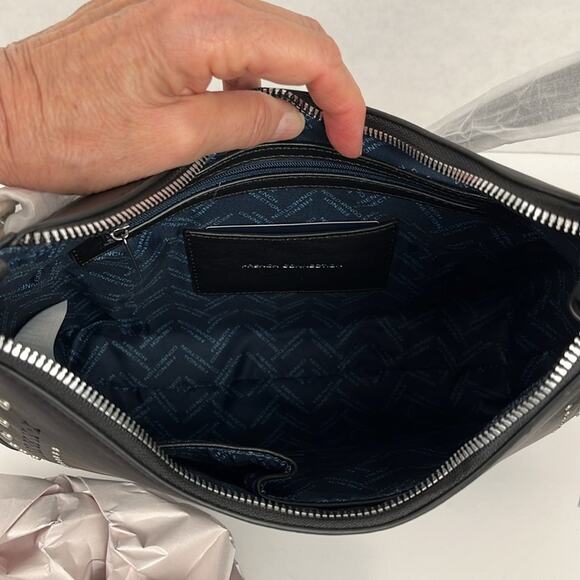 French Connection Elena Moon Shape Shoulder Bag Black Studs Silvertone Zip Close - Picture 7 of 11